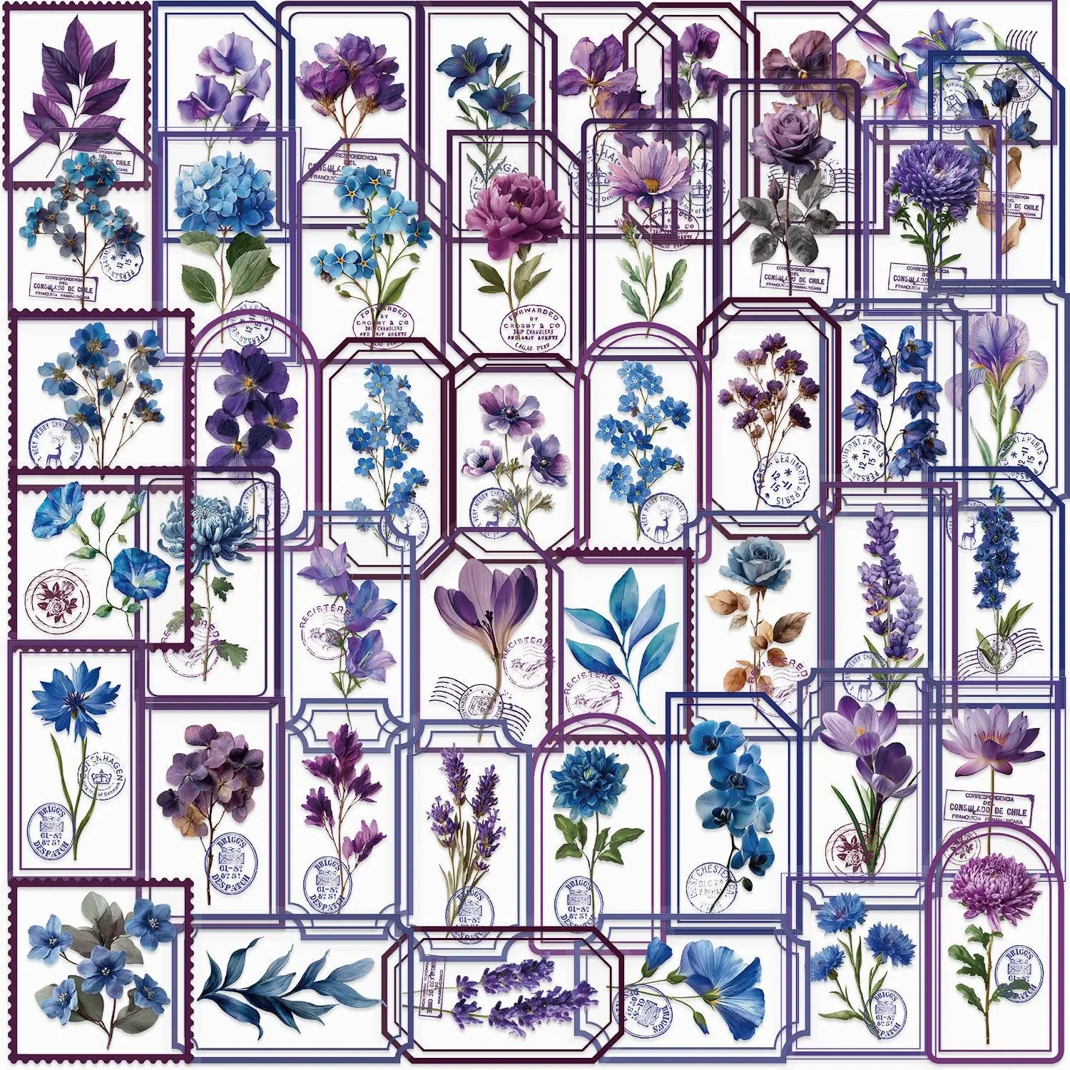 50/100PCS Waterproof Transparent PET Decorative Guitar Notebook Stationery Stickers Cartoon Purple Flower Stickers Pack
