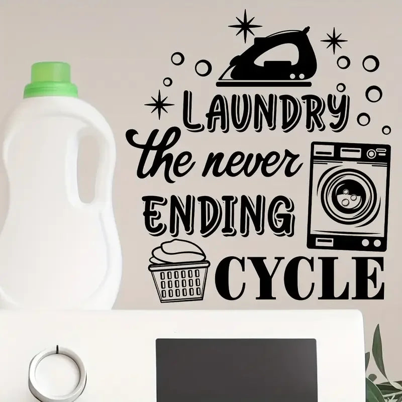 1pc Black and White Laundry Machine Sticker - Self-Adhesive, Removable Vinyl Decal with Humorous "LAUNDRY THE NEVER-ENDING CYCLE