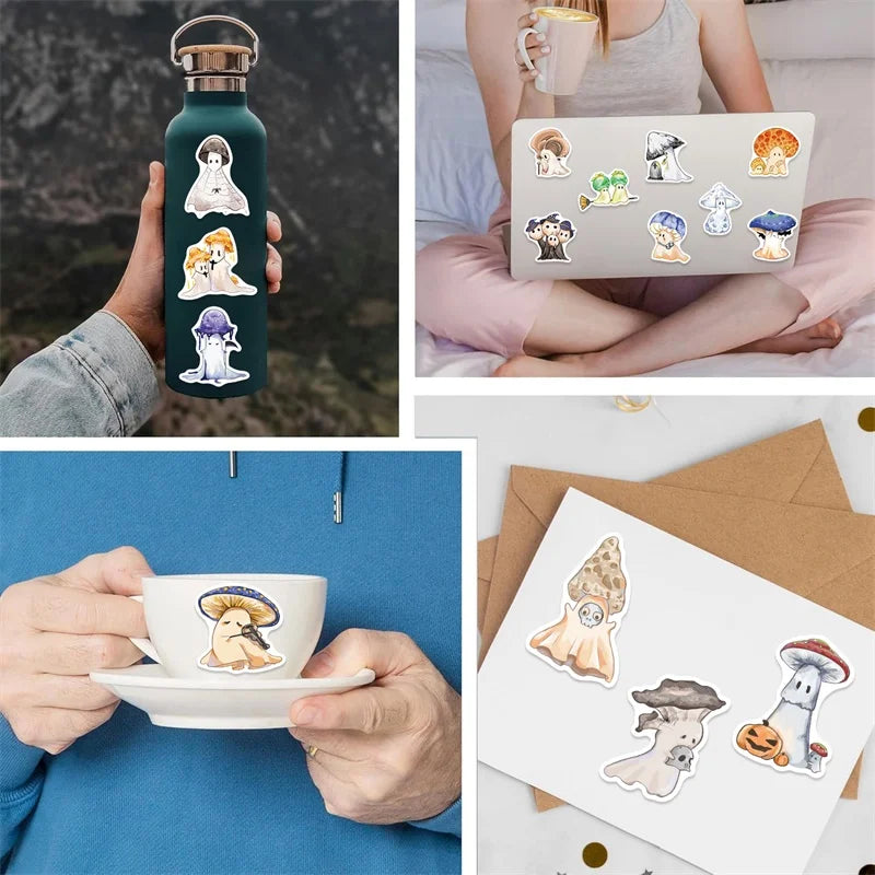 10/30/50PCS Cartoon Mushroom Ghost PVC Sticky Sticker Aesthetic DIY Stationery Decoration Scrapbooking School Supplies for Kids