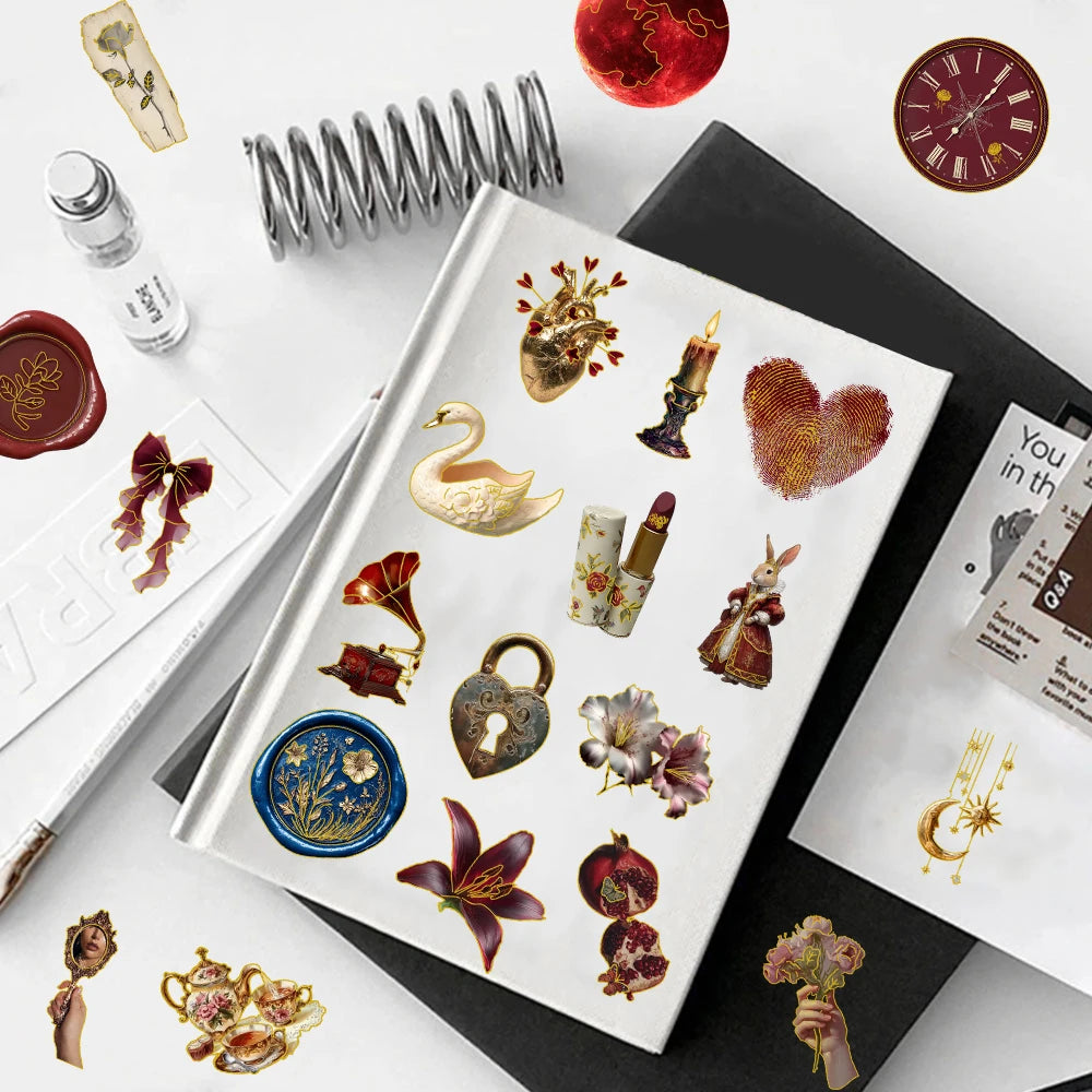 50PCS Retro European Court Style Red Gold Decorative Stickers Computer Scrapbook Refrigerator Phone Case Decorative Stickers