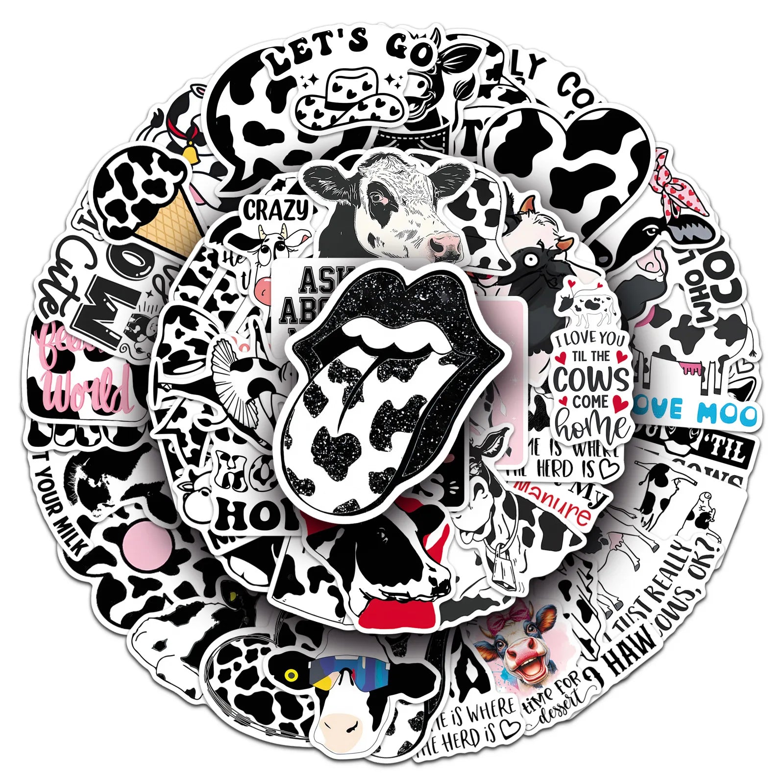 50-Pack Fun Black & White Polka Dot Cow Stickers Waterproof Decorative Stickers for Guitars Luggage Helmets Stationery Notebooks