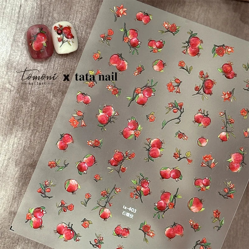 Jelly Fruits Nail Art Stickers Sweet Pomegranate Branch Self Adhesive Nail 3D Decorations Stickers DIY Chinese Nails Accessories
