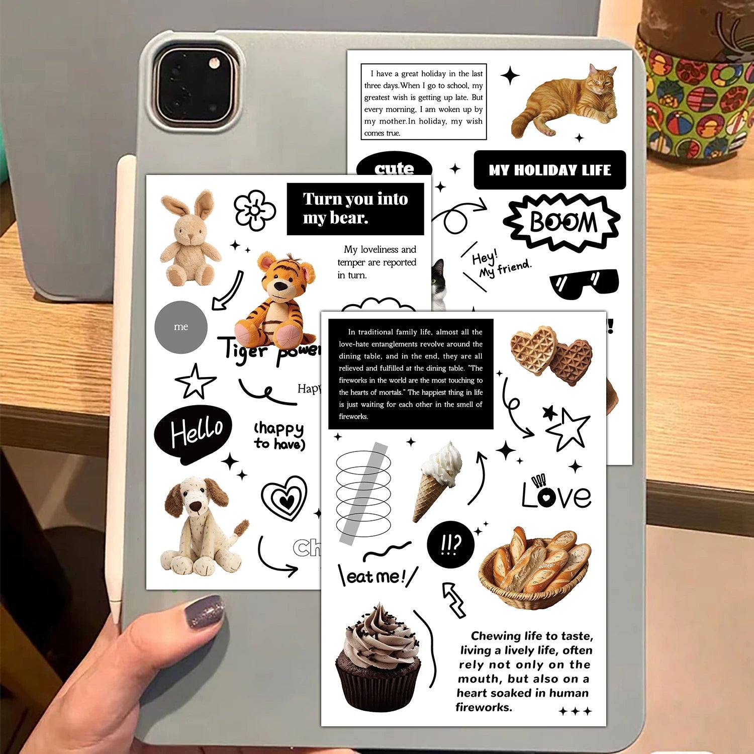 8/16PCS Black White Holiday Collage Stickers Harajuku Laptop Luggage Coffee Retro Skateboards Bicycle Phone Exquisite Sticker