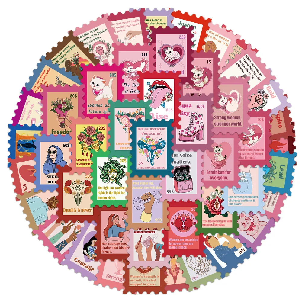 50PCS Feminist Stamp Stickers DIY Scrapbook Phone Case Laptop Tablet Decorative Toy Stickers