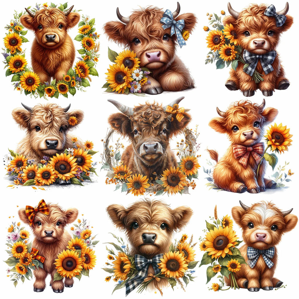 9 sheets Highland Cattle Animal Theme Iron-On Decals T-Shirt Heat Transfers for DIY, Funny, Sunflower, T-shirts, Masks, Jeans