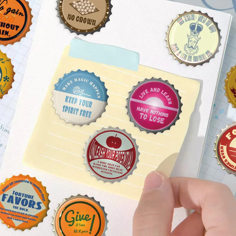 ‌50/100Pcs Retro Bottle Cap Stickers Unique Non-repeating Waterproof Decals for Fridge, Notebook, Guitar, Helmet, Car, Bicycle
