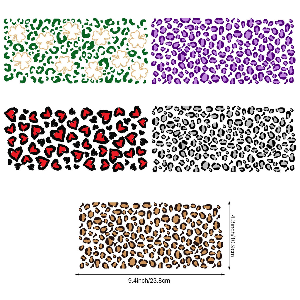 5 sheets Cartoon UV DTF Cup Stickers, DTF Friction Transfer Stickers, Waterproof Leopard Print Transfer Stickers