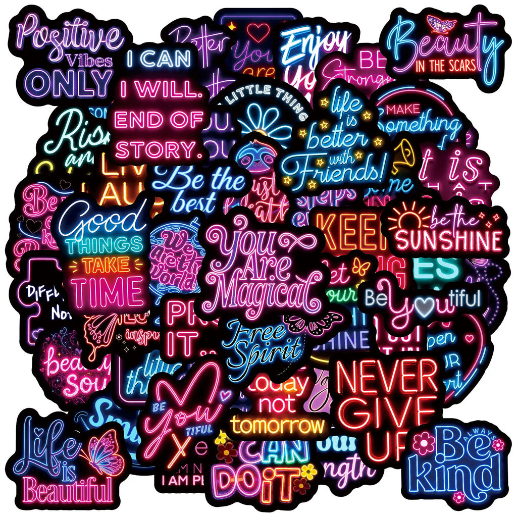 50-Pack Waterproof Neon Motivational Text Stickers for Refrigerator Helmet Skateboard Laptop Water Bottle Stationery Notebook