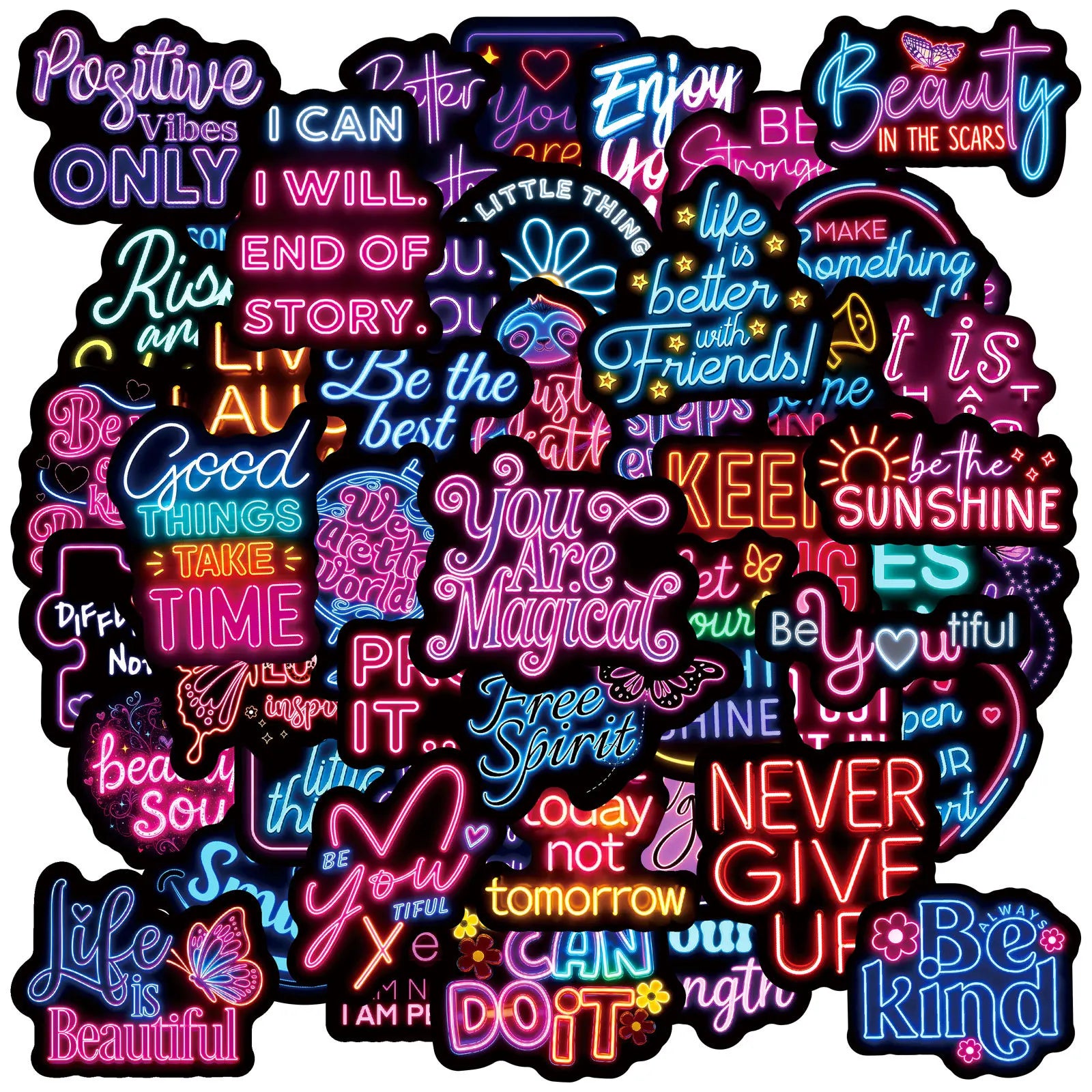 50-Pack Waterproof Neon Motivational Text Stickers for Refrigerator Helmet Skateboard Laptop Water Bottle Stationery Notebook