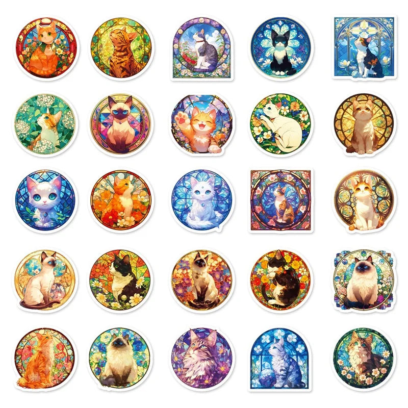 10/30/50PCS Kawaii Glass Cat Sticky PVC Sticker Aesthetic Stationery DIY Decoration Scrapbooking School Supplies for Kids