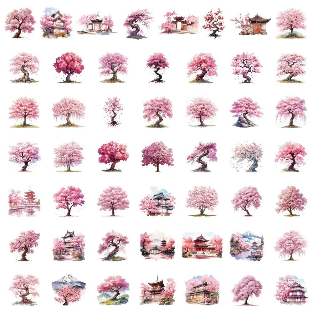50PCS Transparent Watercolor Peach Blossom Tree Fun Stickers DIY Manual Speaker Luggage Notebook Reward Waterproof Stickers