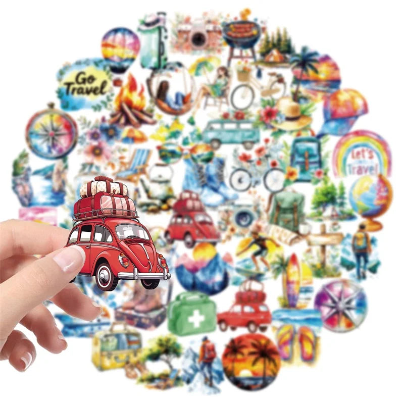 56PCS Beach Trip Transparent PET Phone Sticker Aesthetic Tear Open Decoration DIY Colored Laptop Luggage Graffiti Decals