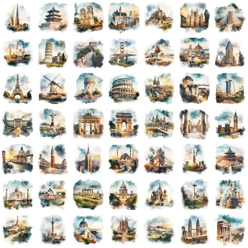 50PCS Transparent PET Travel World Tandmark Building Stickers for Luggage Phone Computer Guitar Waterproof Stationary Stickers