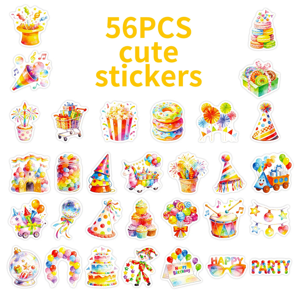56PCS Watercolor Birthday Party Graffiti Stickers Balloon Cake Candy Elements Student Stationery Notebook Birthday Gift Stickers