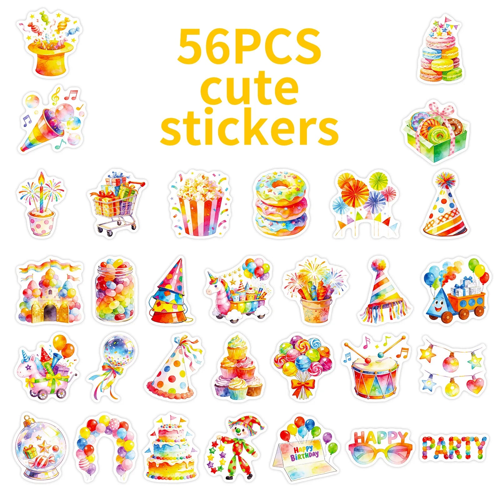 56PCS Watercolor Birthday Party Graffiti Stickers Balloon Cake Candy Elements Student Stationery Notebook Birthday Gift Stickers