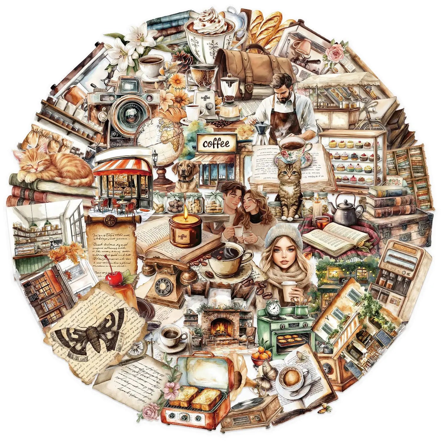 50 Pcs Transparent Ins Retro Coffee Sticker Pack Waterproof Transparent PET Ledger Material Decor Guitar Notebook Stationary
