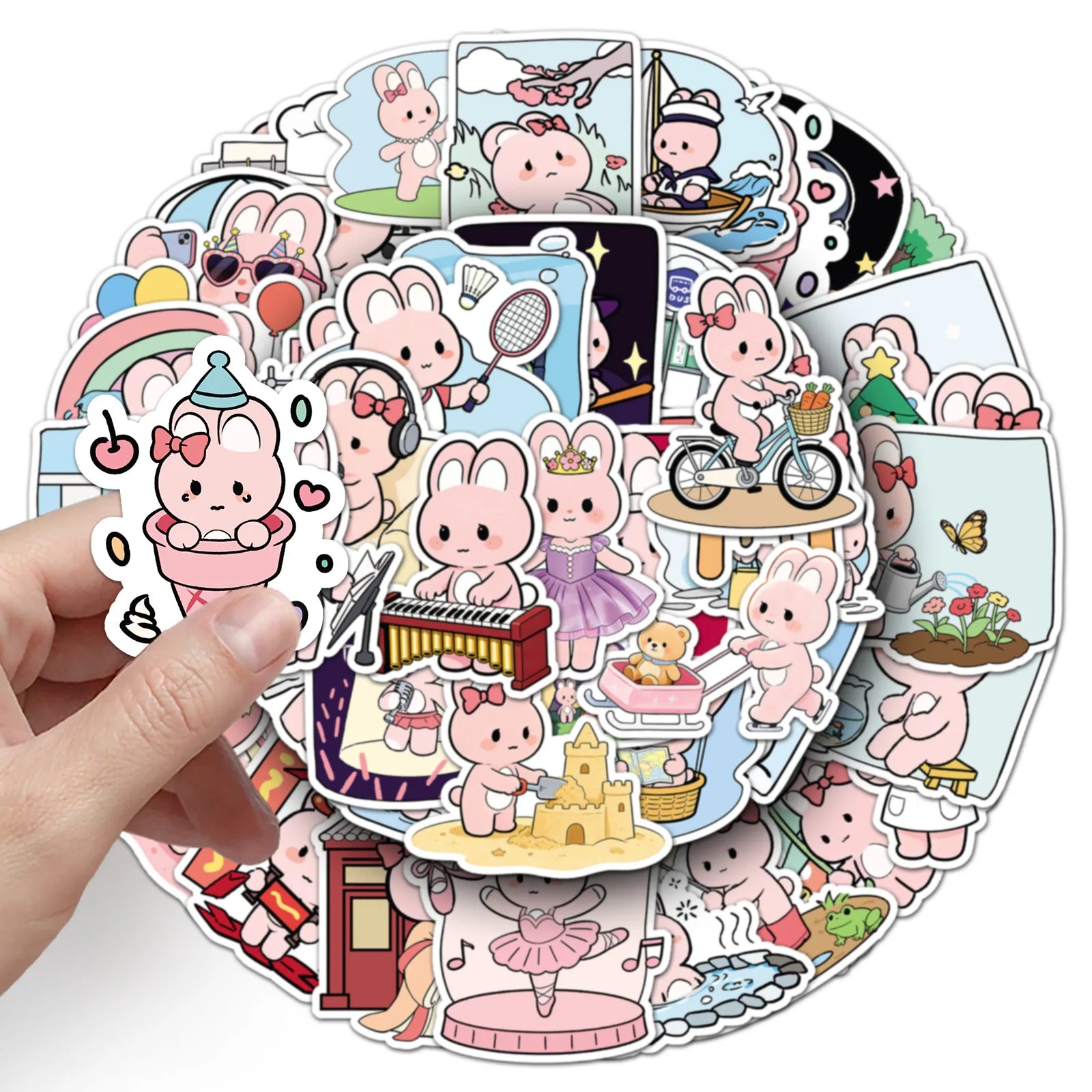 51-Piece Cute Cartoon Pink Bunny Daily Doodle Stickers Waterproof Stickers for Cups Phones Guitars Helmets Stationery Notebooks