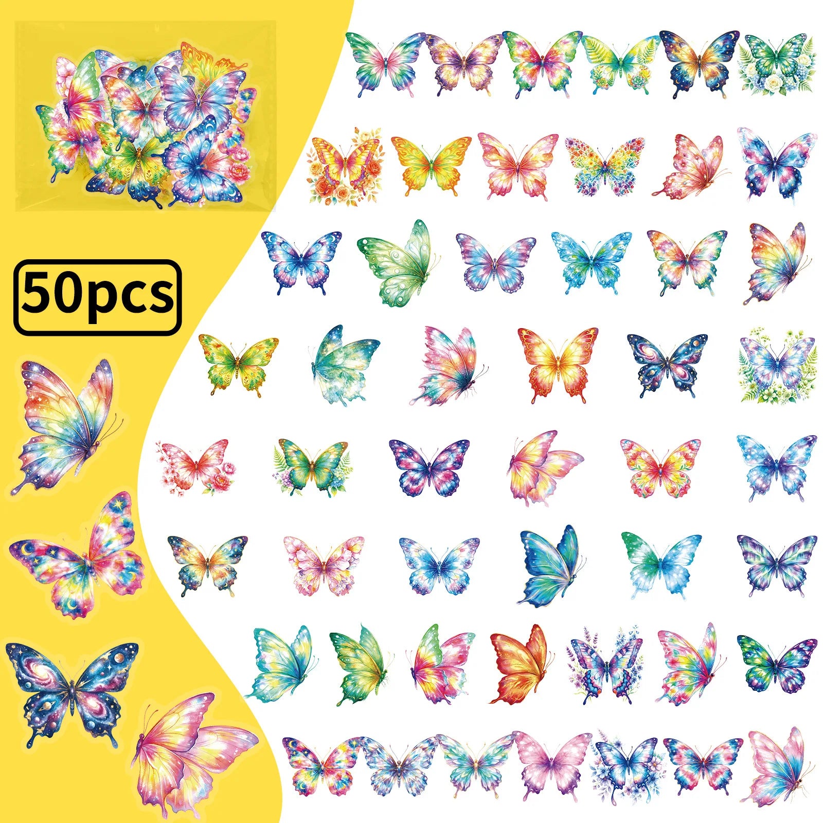 56PCS Watercolor Rainbow Butterfly PET Stickers, Dreamy Gradient Painted Insect Stationery Helmet Decorative Art Sticker