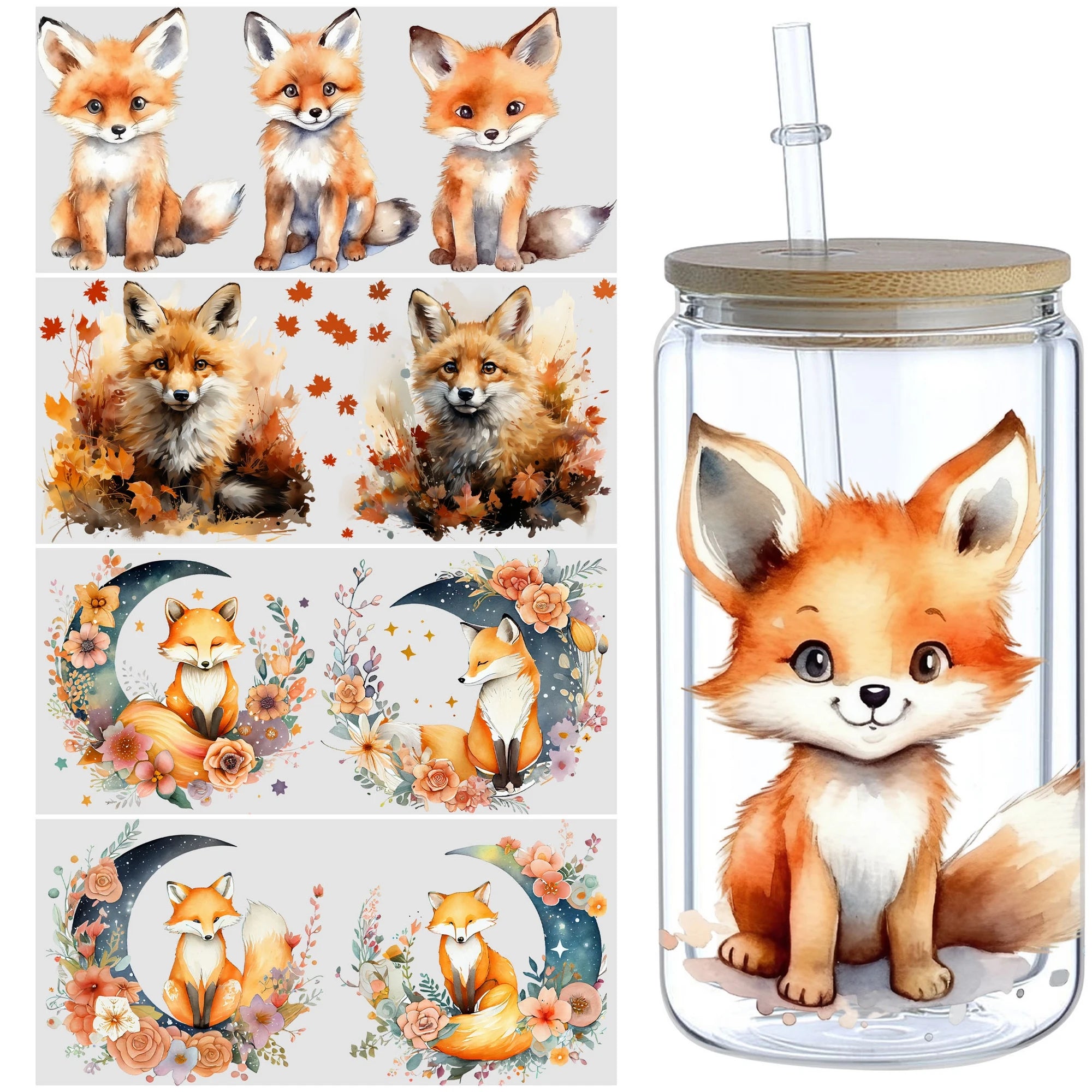 5 Sheets Animal UV DTF Cup Stickers, DTF Friction Transfer Stickers, Waterproof Transfer Stickers for 16oz Glass Cups, DIY