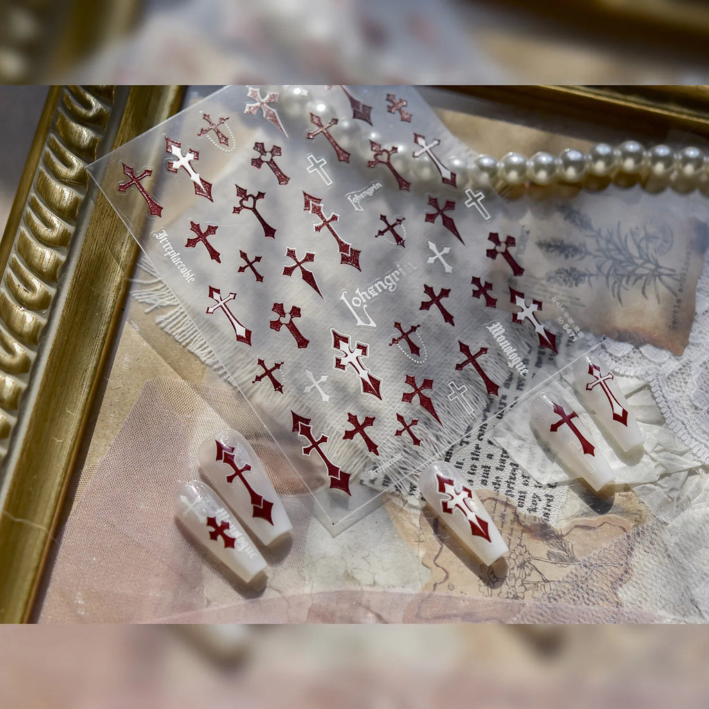 Red Cross Nail Decorations Stickers 5D Embossed Nail Art Stickers Choic Cross With Love Adhesive Manicure Accessories Decals DIY