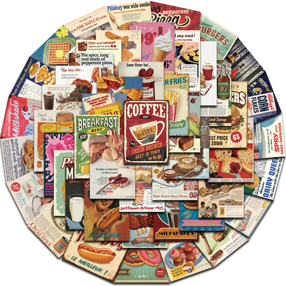 50PCS Retro Cartoon Food Stickers Notebook Gift Living Room For Laptop Creative Luggage Motorcycle Coffee Graffiti Phone Sticker
