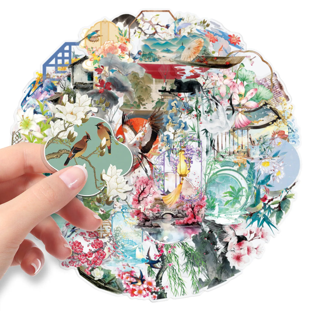 50/100PCS Chinese Style Element Stickers Retro Ink Graffiti Transparent PET DIY Decor Waterproof Stationery Notebook Stickers