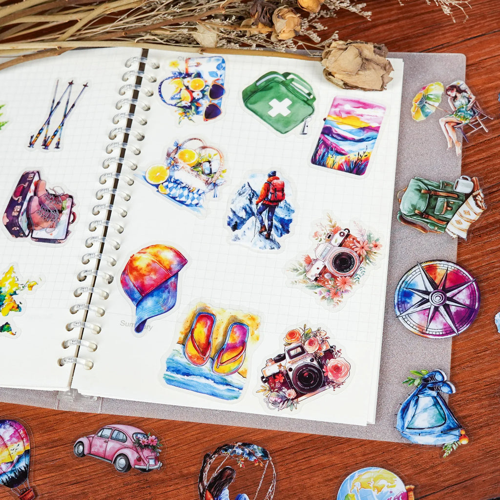 56-Piece Outdoor Travel Transparent PET Stickers Waterproof Decorative Decals for Phones Computers Stationery Notebooks