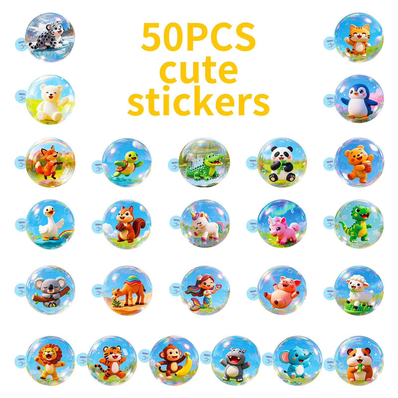 50/100Pcs Cute Animal Bubble Ball Cartoon Waterproof Stickers for Phone Laptop Stationery Box Helmet Storage Box Drawer Decals