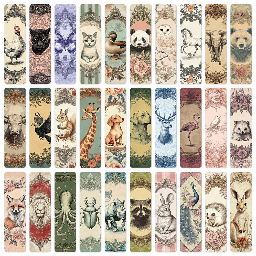 30Pcs Classic Antique Bookmark Animal Bookmarks for Students Reading Annotation Cards Textbook Bookmarks