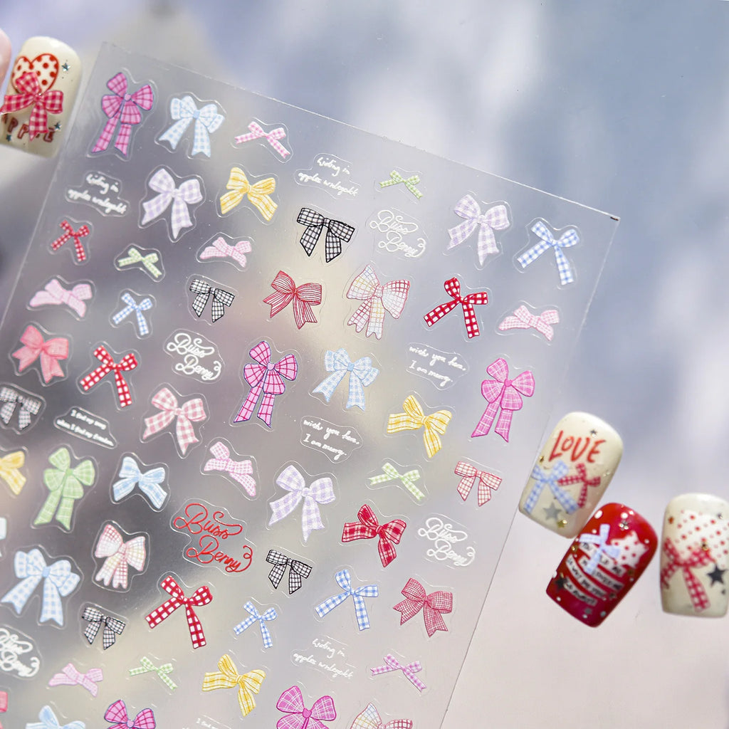 Colorful Bowkont Nail Stickers 3D Thin and Tough Nail Art Stickers Back Glue Bowtie Ribbon Manicure Sticker Decals DIY Accessory