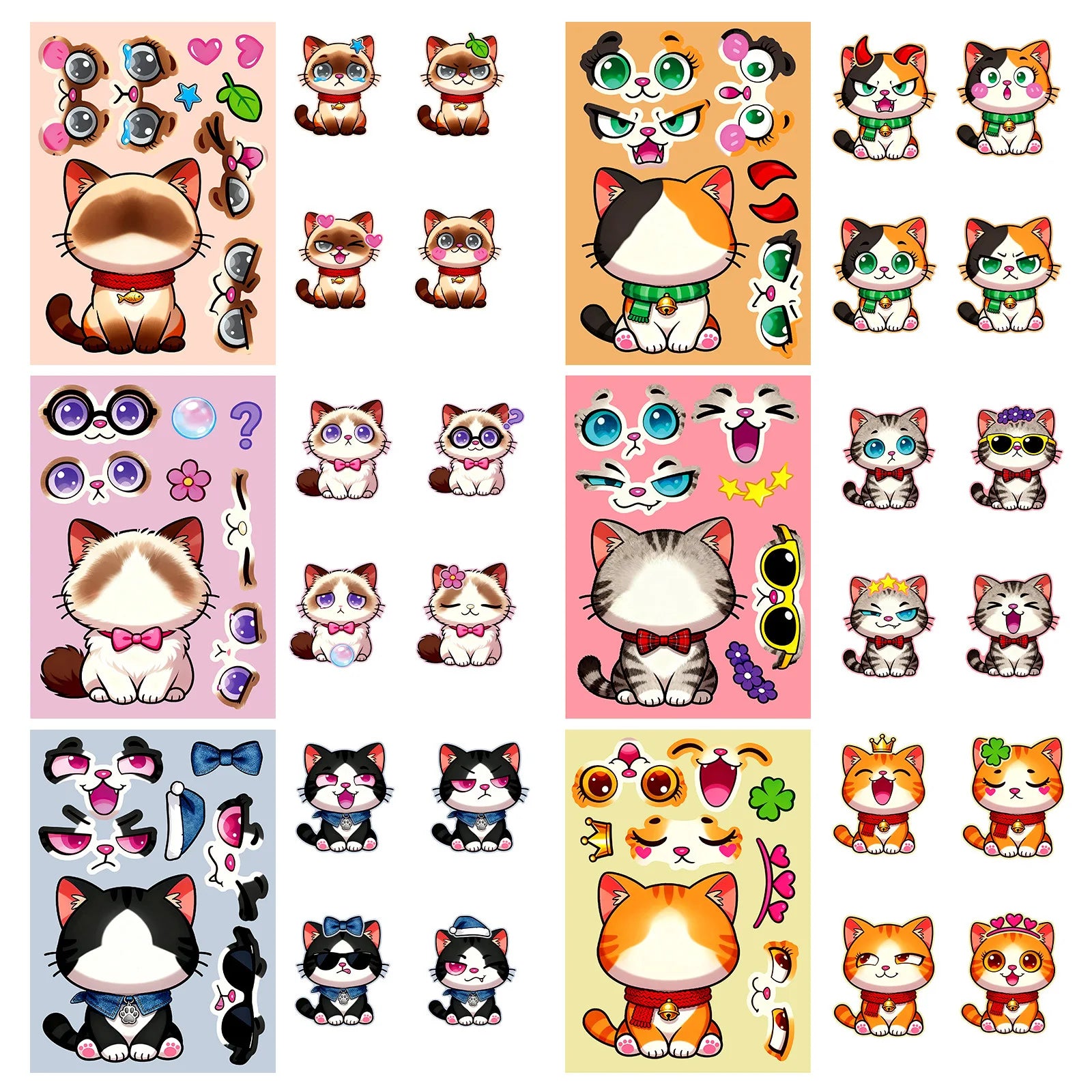 6/12 Pcs Large Cartoon Cat Full Body Make A Face Puzzle Stickers DIY Brain Game for Fridge Stationery Box Notebook Guitar Desk