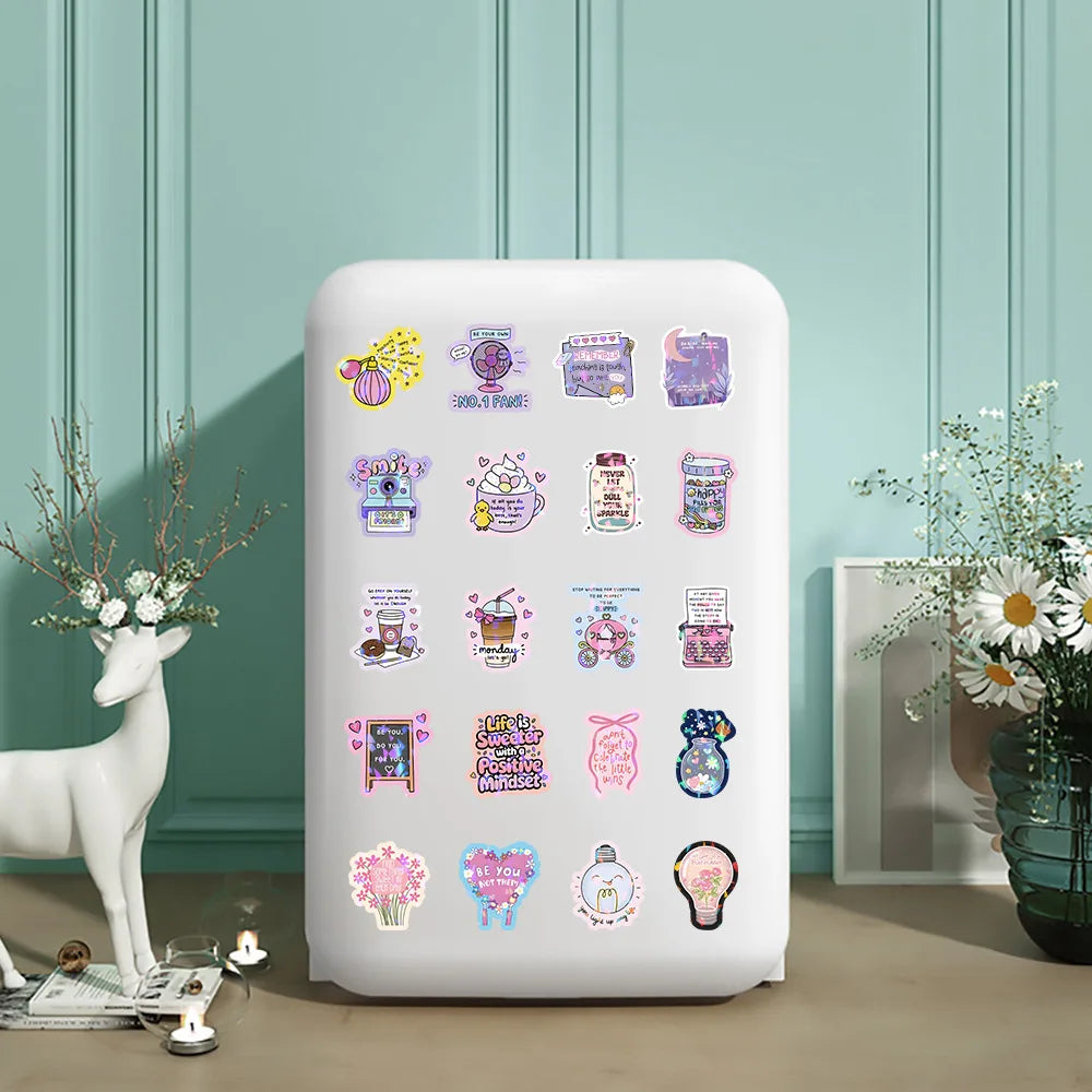 50-Pack Shiny Film Cartoon Motivational Quote Stickers for Student Supplies Notebook Luggage Fridge Car Waterproof Decals