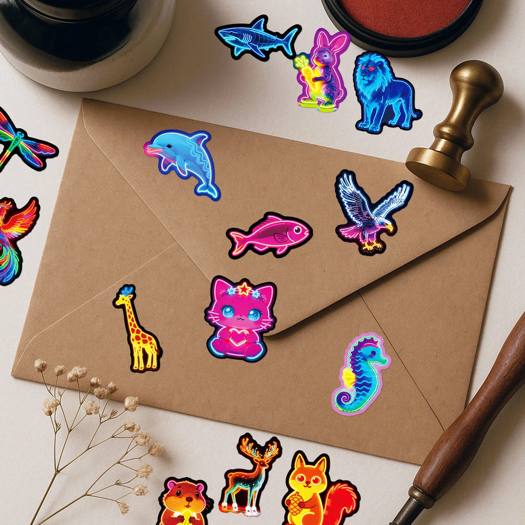 56/112 Pcs New Neon Animal Colorful Cartoon Doodle Stickers for Reward DIY Scrapbook Stationery Box Notebook Helmet Scooter