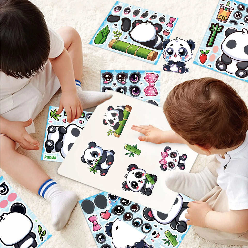 8/16/24Pcs Panda Make A Face Puzzle Stickers, Cartoon Fun Stationery Decals Phone Laptop Fridge Notebook Kids DIY Decor Stickers