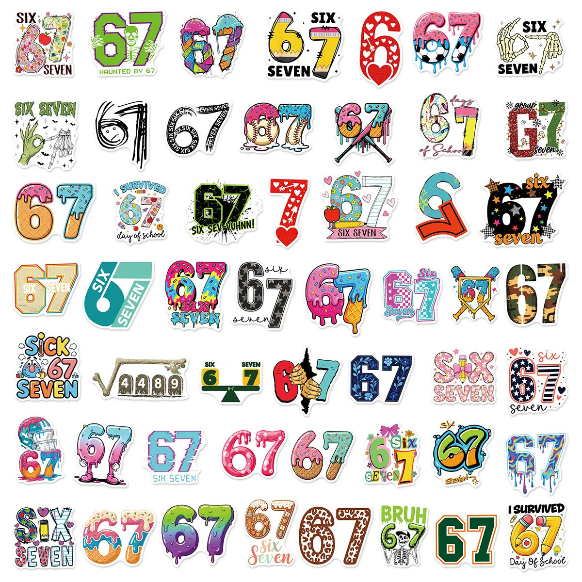 50/100 Pcs Unique Fun Colorful Number 67 Doodle Stickers DIY Game for Skate Helmet Cup Phone Waterproof Decals