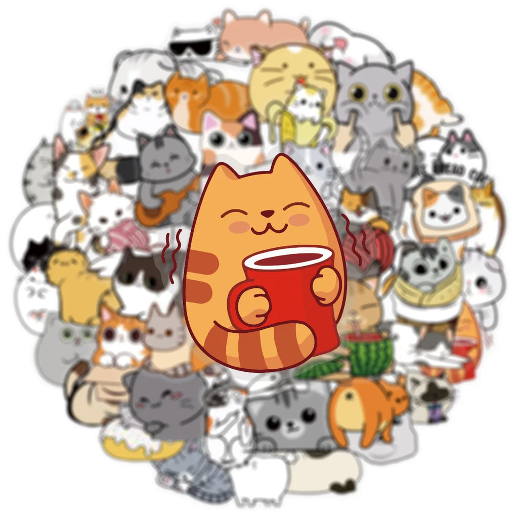 50Pcs Transparent PET Cute Cat Graffiti Stickers Luggage Notebook, Waterproof Children Reward Stationery Decoration Stickers