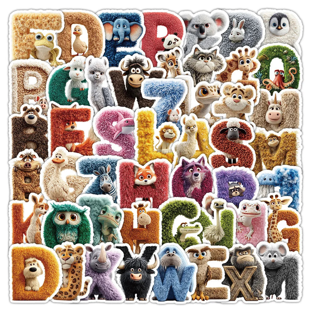 50-Pack Cartoon Animal Alphabet Graffiti Stickers DIY Phone Case Luggage Decoration Waterproof Student Stationery Stickers