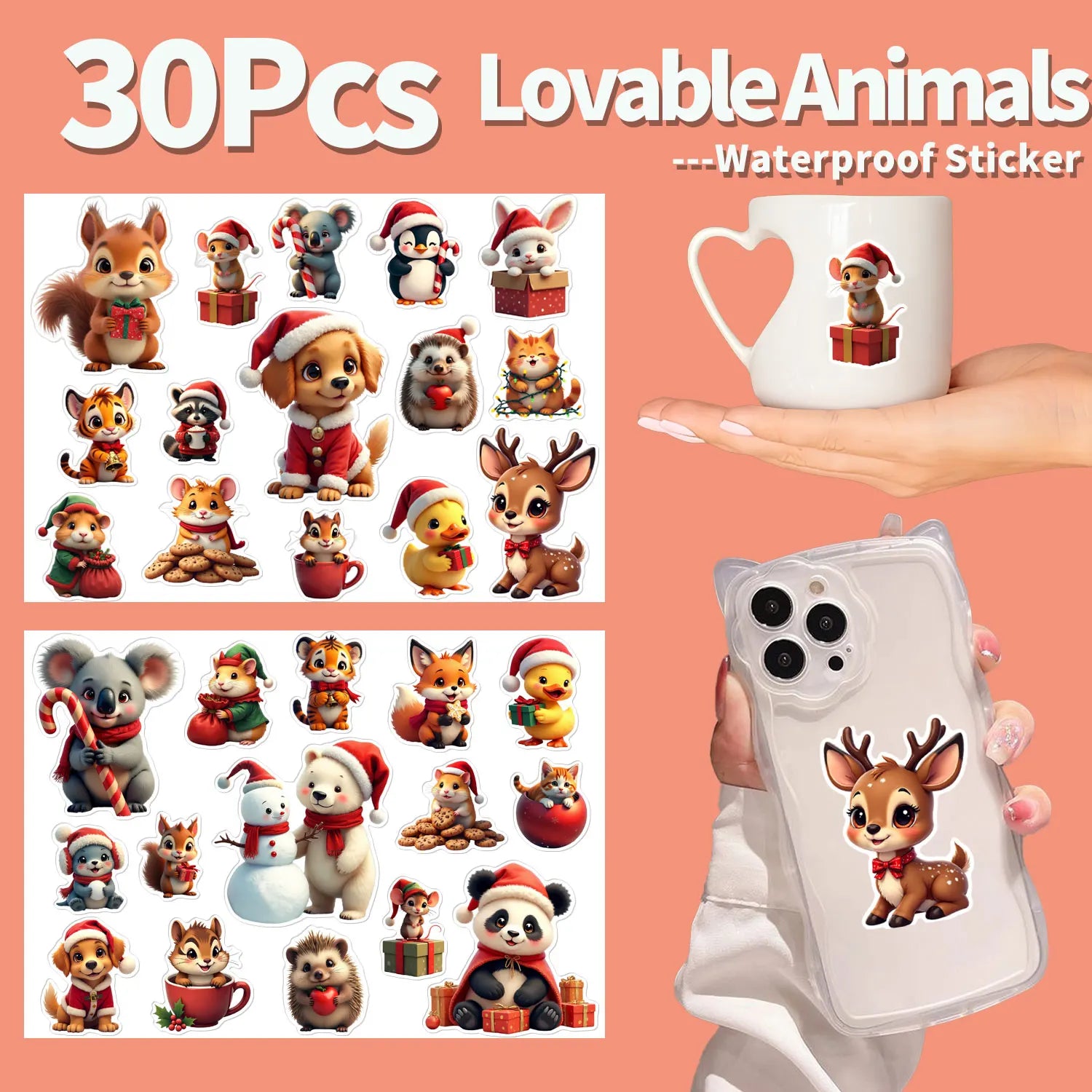 30Pcs/Set Irregular Christmas Lovable Animal Waterproof Stickers Reusable/No Residue DlY Craft Decor Festival Scrapbooking Label