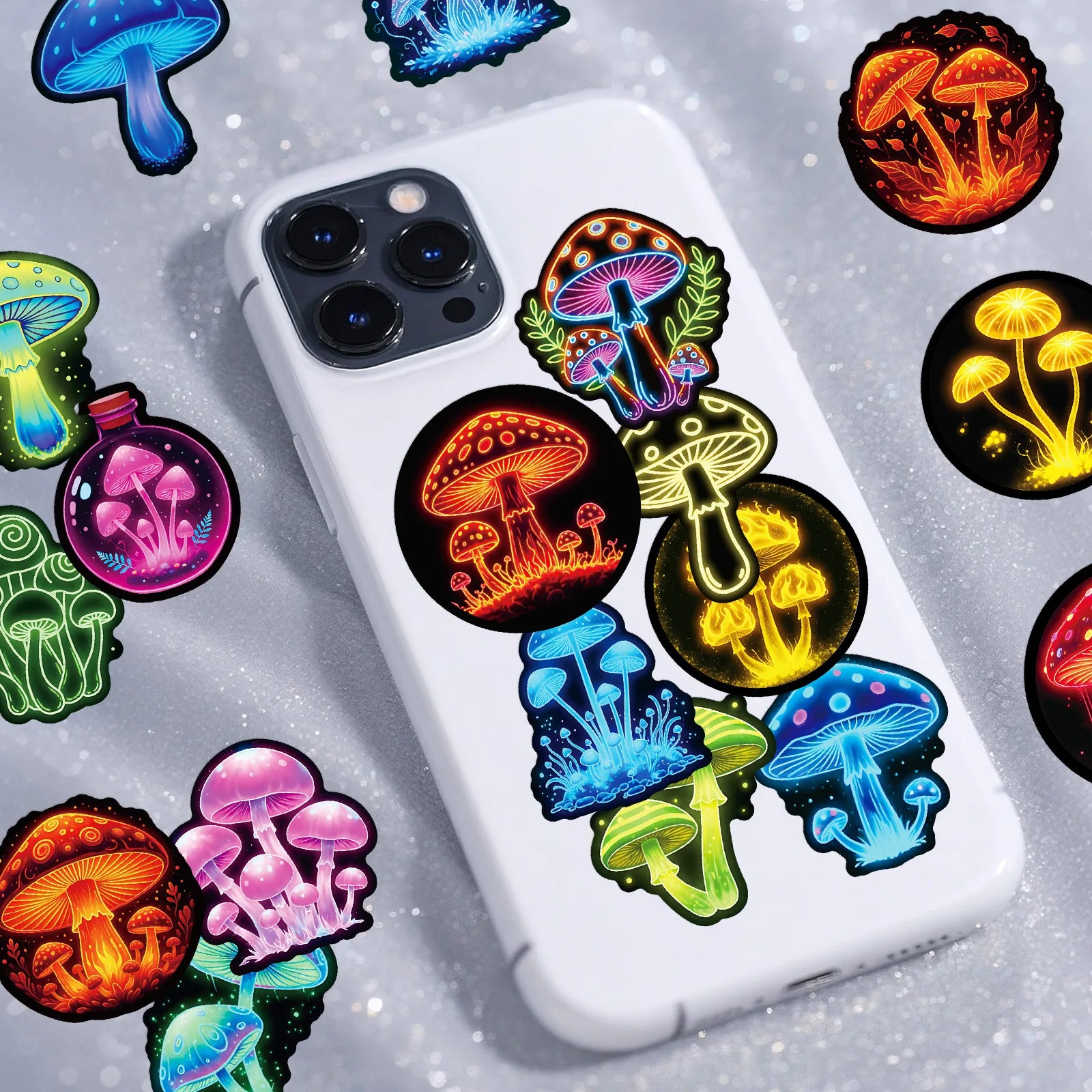 56/112Pcs Neon Mushroom Reusable Stickers Waterproof Decals for Helmet Skateboard Bicycle Computer Stationery Box Multicolor