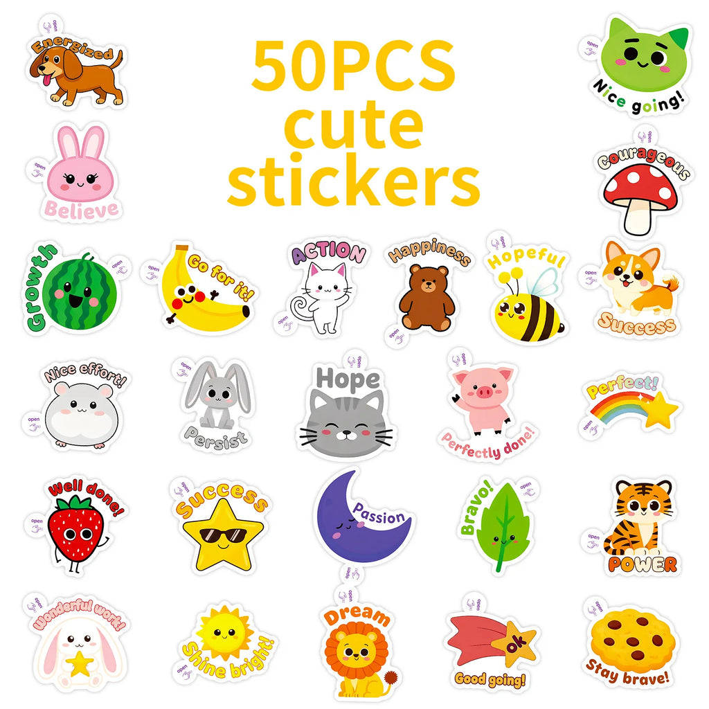 50PCS Cute Animal Encouragement Doodle Stickers, Notebook Stationery Phone Scooter Inspirational Phrase Decorative Art Sticker