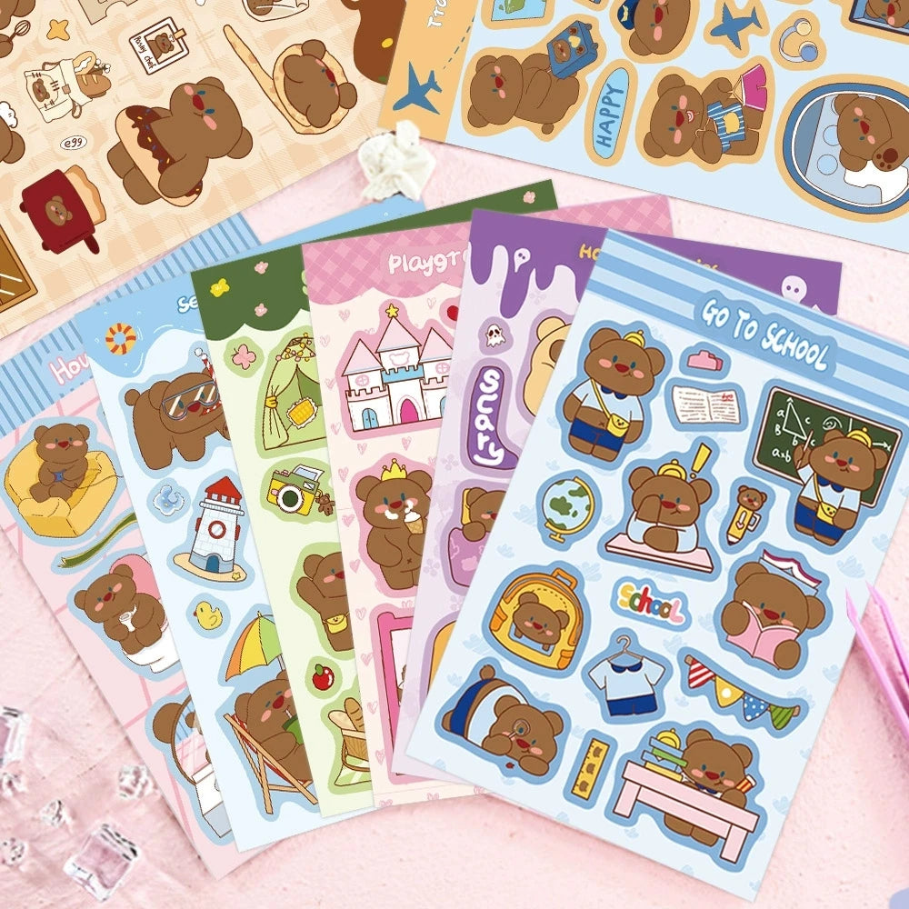 8PCS Cartoon Cute Bear Character Sticker DIY Handbook Card Phone Decoration Korean