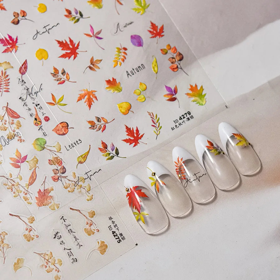 Autumn Fall Nail Art Maple Leaf Stickers 3D Red Leaves Stickers For Nails Art DIY Self Adhesive Manicure Decoration Decals DIY