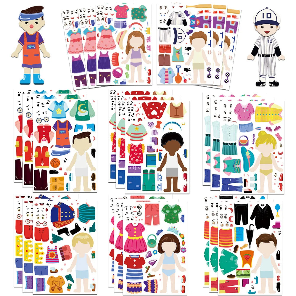 8/16/24PCS Children's Dress Up Puzzle Stickers Cute Cartoon Creative Fun Children's Puzzle Account Material Waterproof Stickers