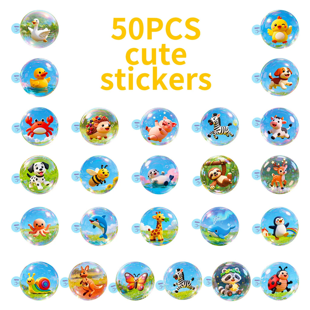 50/100Pcs Cute Animal Bubble Ball Cartoon Waterproof Stickers for Phone Laptop Stationery Box Helmet Storage Box Drawer Decals
