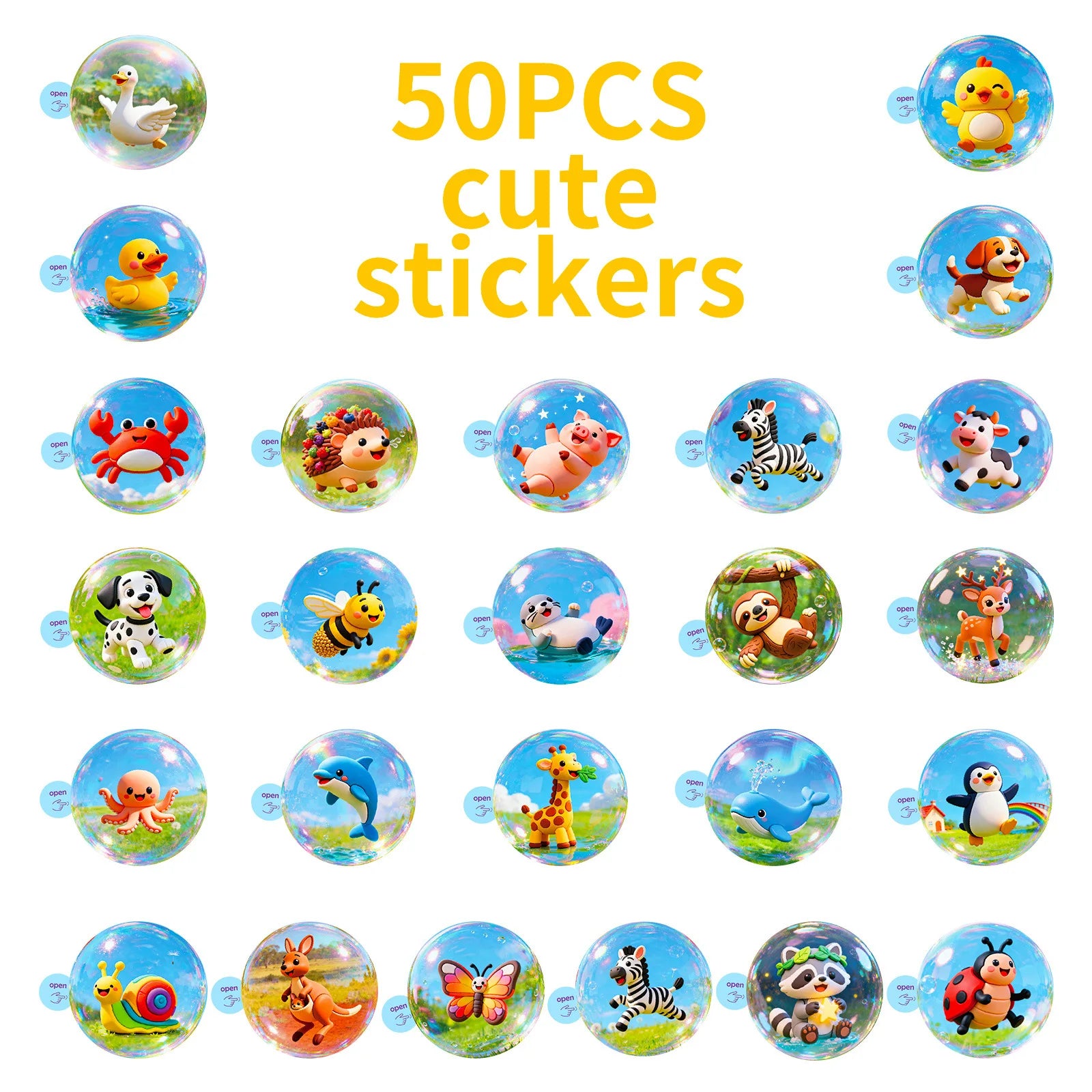 50/100Pcs Cute Animal Bubble Ball Cartoon Waterproof Stickers for Phone Laptop Stationery Box Helmet Storage Box Drawer Decals