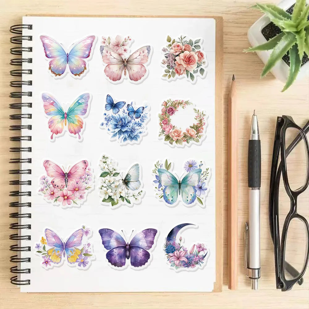 50PCS Butterfly Stickers Packaging Transparent PET Brochure Flower Material Decoration Tablet Laptop Waterproof Stickers