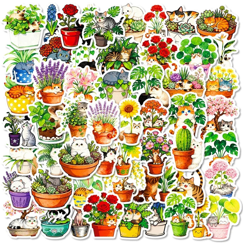 10/30/56PCS Fresh Flower Cat PVC Sticky Sticker Stationery DIY Children's Laptop Luggage Skateboard Decoration Scrapbooking