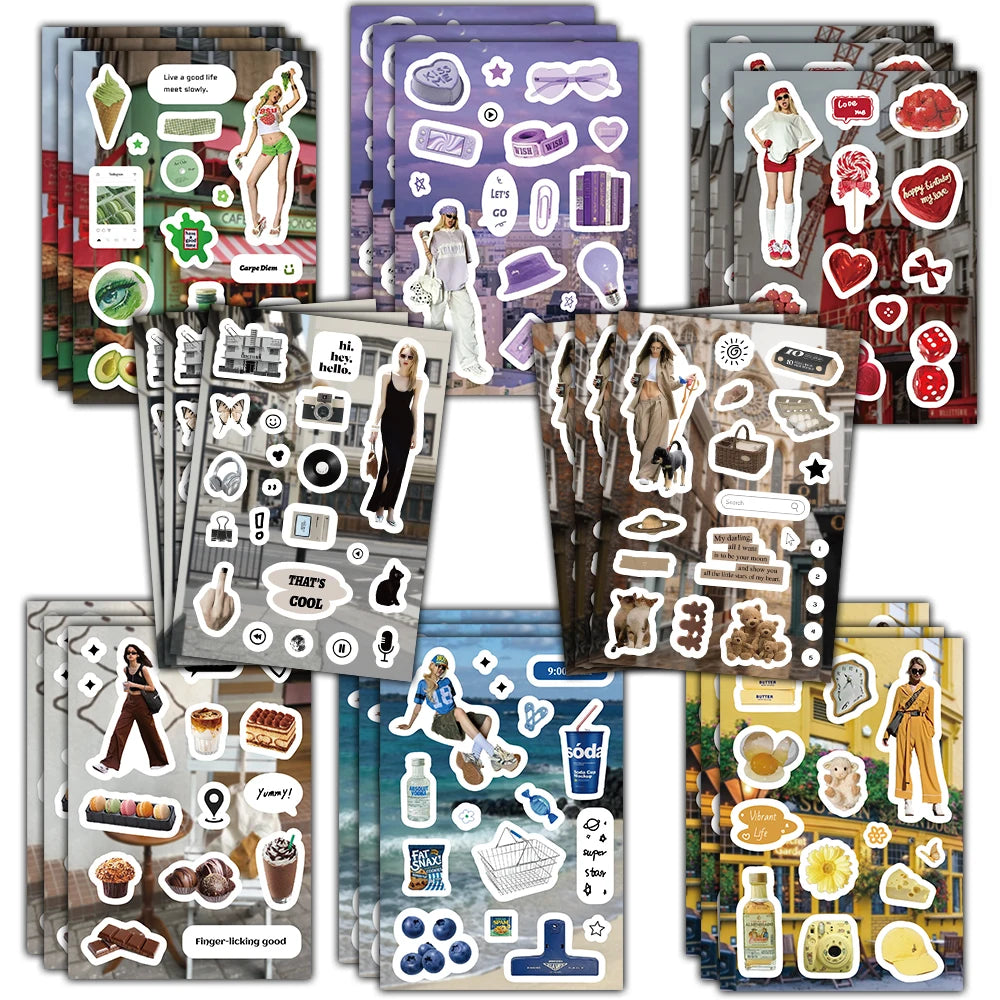 8/16Pcs Holiday Sweetheart Collage Sticker Aesthetic Home Decoration Motorcycles Bicycle Skateboards Landscape LableStickers