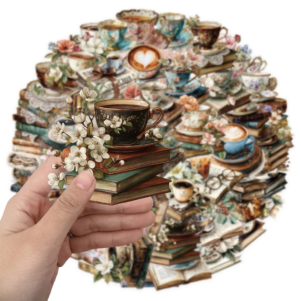 50PCS Creative Books and Coffee Stickers DIY Phone Cases Laptop Refrigerator Stickers Desktop Stickers Waterproof Toy Stickers