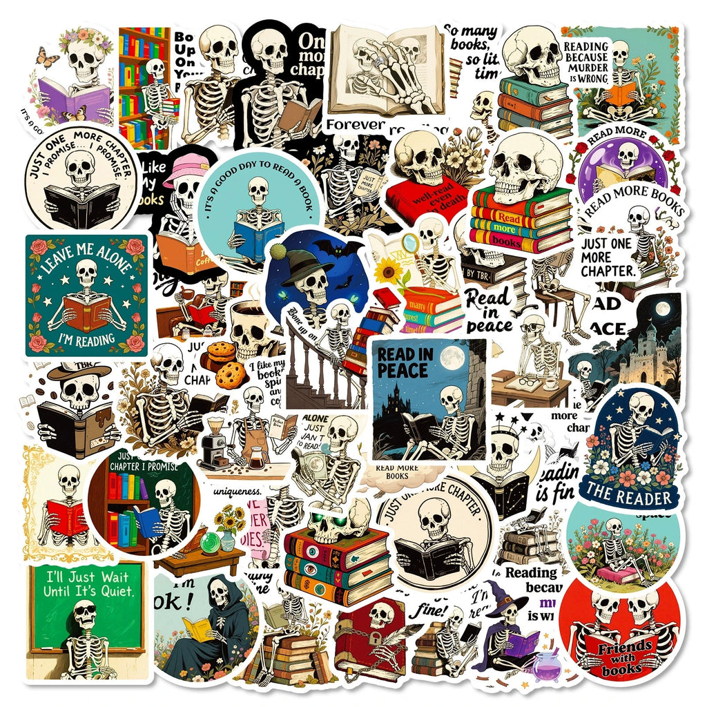 56PCS Skeleton Reading Graffiti Stickers Creative Personalized Cartoon Text Stickers Decorative Guitar Notebook